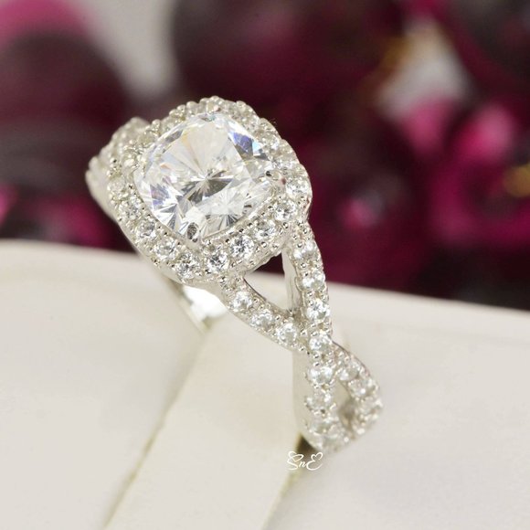NEW WOMENS 925 STERLING HALO CUSHION ENGAGEMENT RINGS WEDDING RINGS DIAMOND - Picture 4 of 5